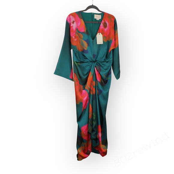 Sz 8 FIGUE Kyle Dress Floral Teal V-Neck Midi Dolman/Kimono TwistFront Satin NEW - Picture 10 of 16
